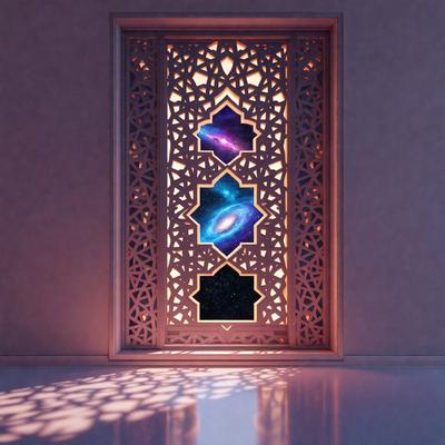 The primary subject of the image is a decorative window with a patterned design. The window features three different colored stars, each with a unique design. The setting is a room with a white wall, and the visual style appears to be a combination of digital art and illustration. The colors and mood of the image are predominantly white, with the colored stars adding a touch of vibrancy and interest to the overall atmosphere.